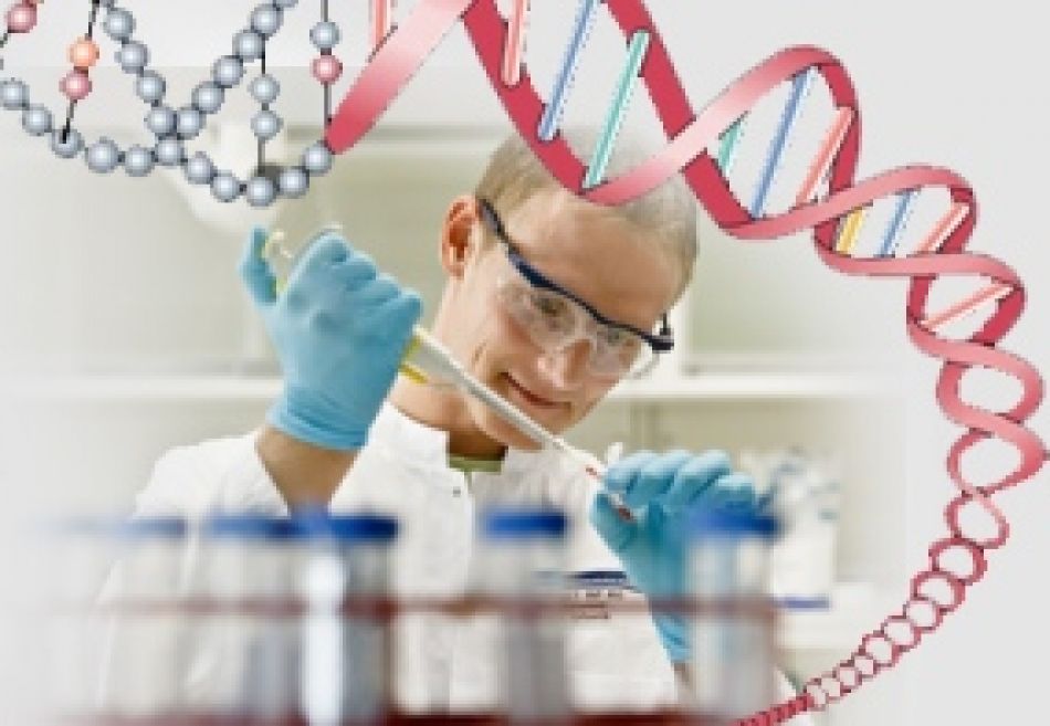 Collage: Mann im Labor, Erbmolekül DNA, Foto: Philip Benjamin, NCT-Heidelberg, © Grafik und Collage: Krebsinformationsdienst, Deutsches Krebsforschungszentrum