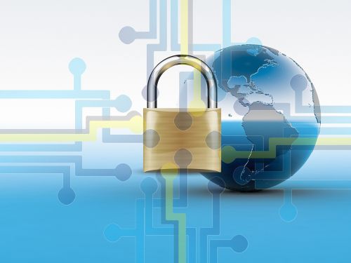 Ein Vorhängeschloss als Symbolbild für Datenschutz sichert ein schematisch abgebildetes weltweites Forschungsnetzwerk.