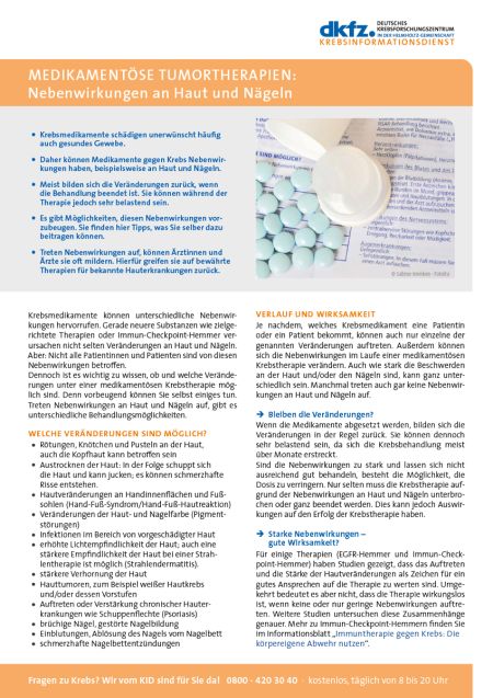Informationsblatt "Medikamentöse Tumortherapien: Nebenwirkungen an Haut und Nägeln" © Krebsinformationsdienst, DKFZ