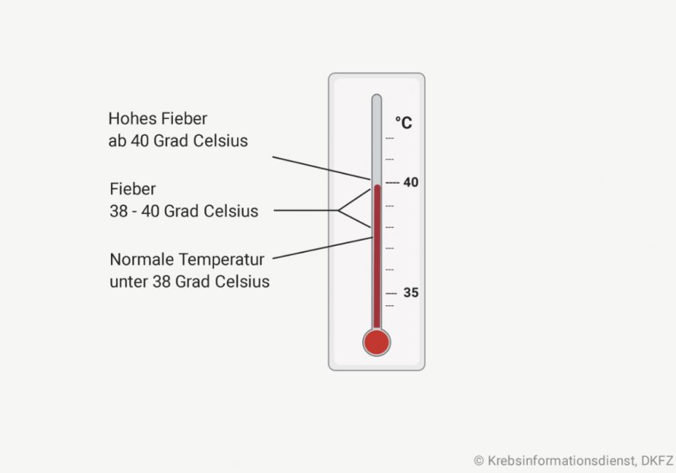Graphische Darstellung eines Thermometers mit einer Unterscheidung von normaler Körpertemperatur unter 38°C, Fieber von 38-40°C und hohem Fieber ab 40°C.