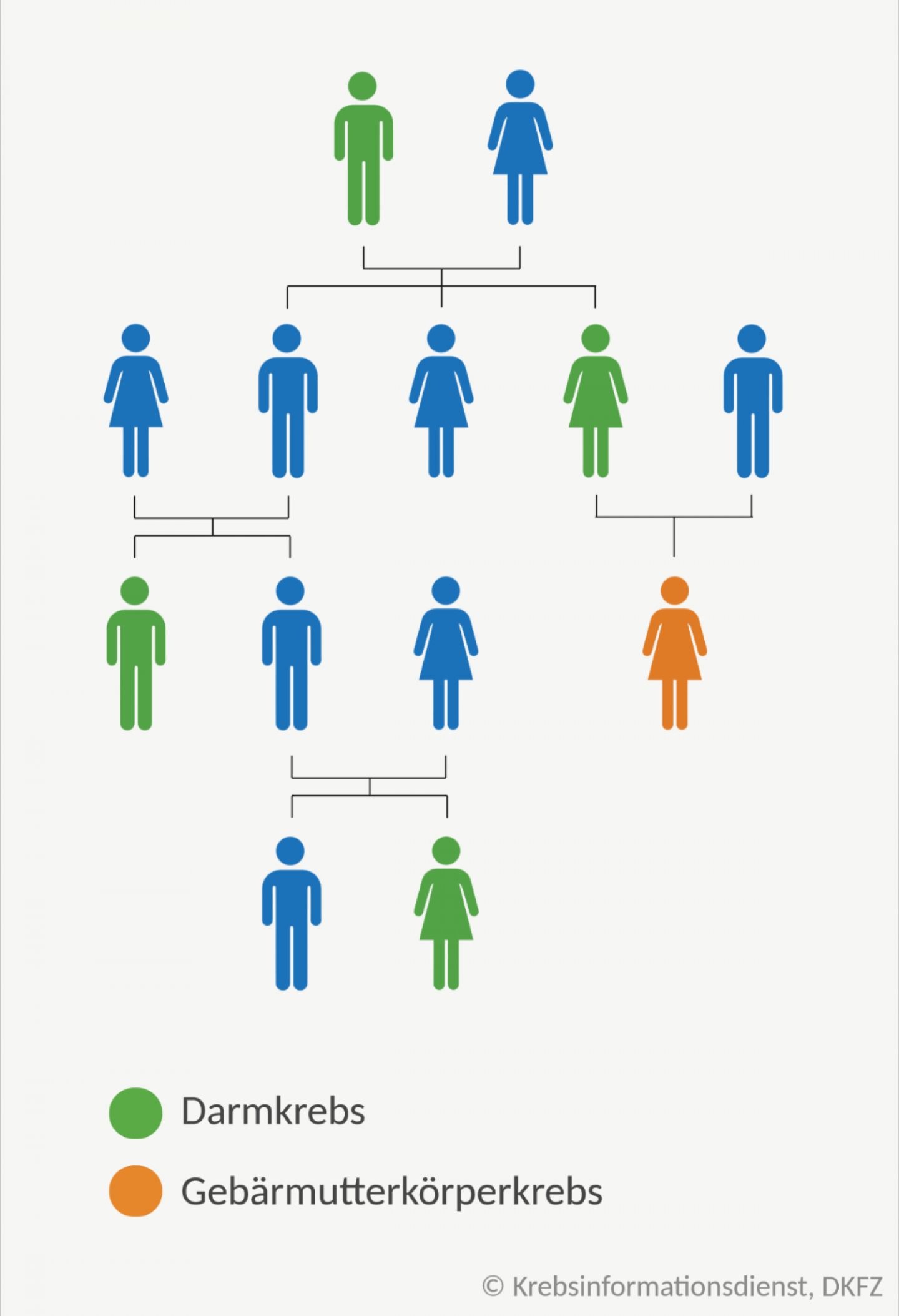 Schematische Abbildung eines Familienstammbaums: Einige Angehörige sind an Darmkrebs oder Gebärmutterkörperkrebs erkrankt.