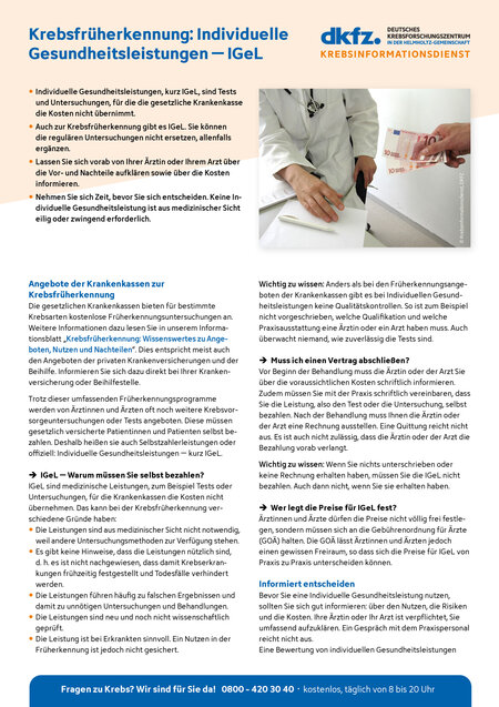 Informationsblatt "Krebsfrüherkennung: Individuelle Gesundheitsleistungen – IGeL" Informationsblatt "Krebsfrüherkennung: Individuelle Gesundheitsleistungen – IGeL"