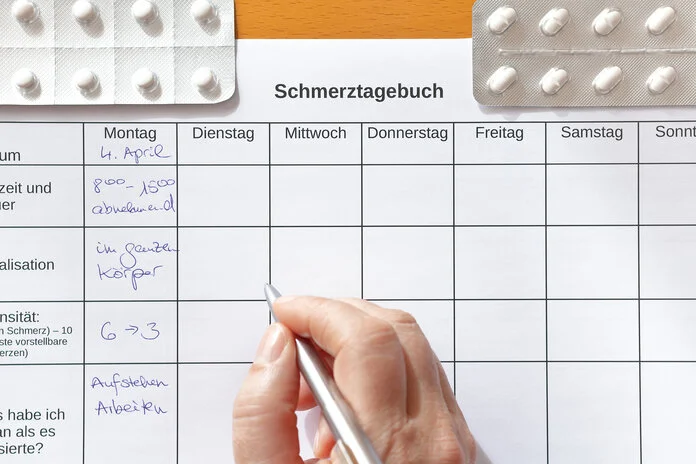 Schmerztagebuch, © Agenturfotografin, Shutterstock Man sieht eine Hand mit Stift, die dabei ist ein Schmerztagebuch auszufüllen; am oberen Rand des Bildes liegen 2 Tabelttenblister.