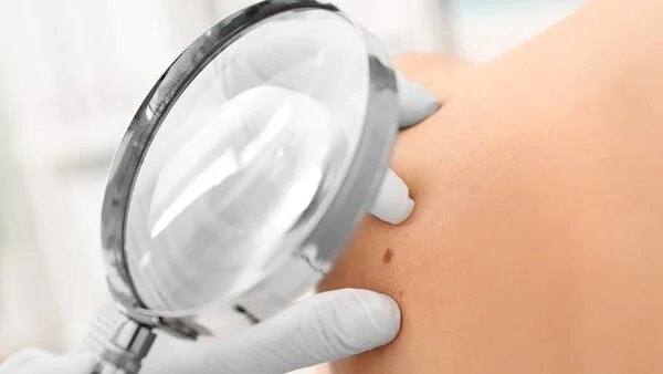 Hautkrebs-Früherkennung, © Africa Studio, Shutterstock Ein Hautarzt untersucht mit einer Lupe die Haut eines Patienten.