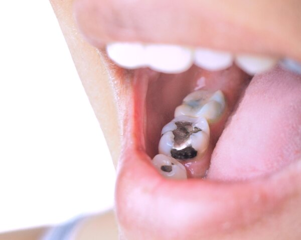 Offener Mund mit Zahnfüllung aus Amalgam.