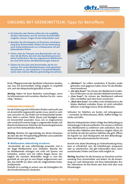 Informationsblatt "Umgang mit Arzneimitteln: Tipps für Krebspatienten"