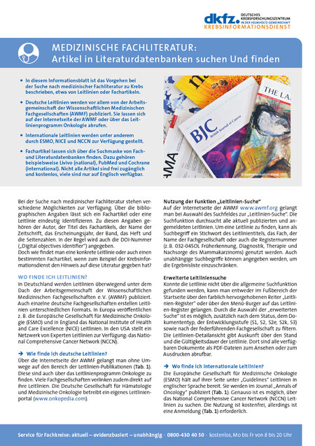 Informationsblatt "Medizinische Fachliteratur: Artikel in Literaturdatenbanken suchen und finden"