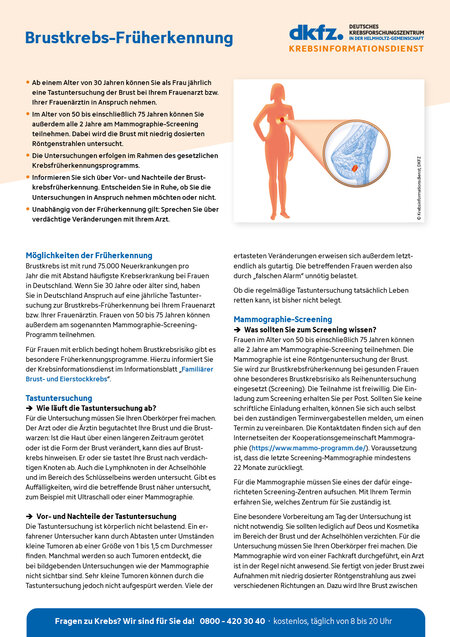 Informationsblatt "Brustkrebs-Früherkennung" Vorschau vom Informationsblatt "Brustkrebs-Früherkennung"