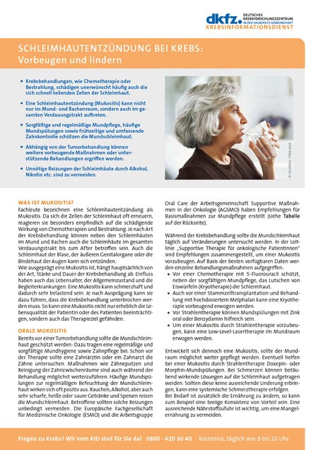 Informationsblatt "Schleimhautentzündungen bei Krebspatienten: Vorbeugen und lindern"