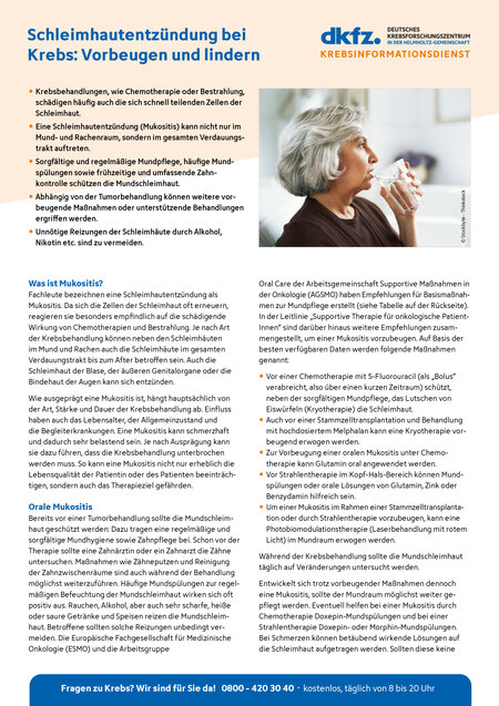 Informationsblatt "Schleimhautentzündungen bei Krebspatienten: Vorbeugen und lindern" Informationsblatt "Schleimhautentzündungen bei Krebspatienten: Vorbeugen und lindern"