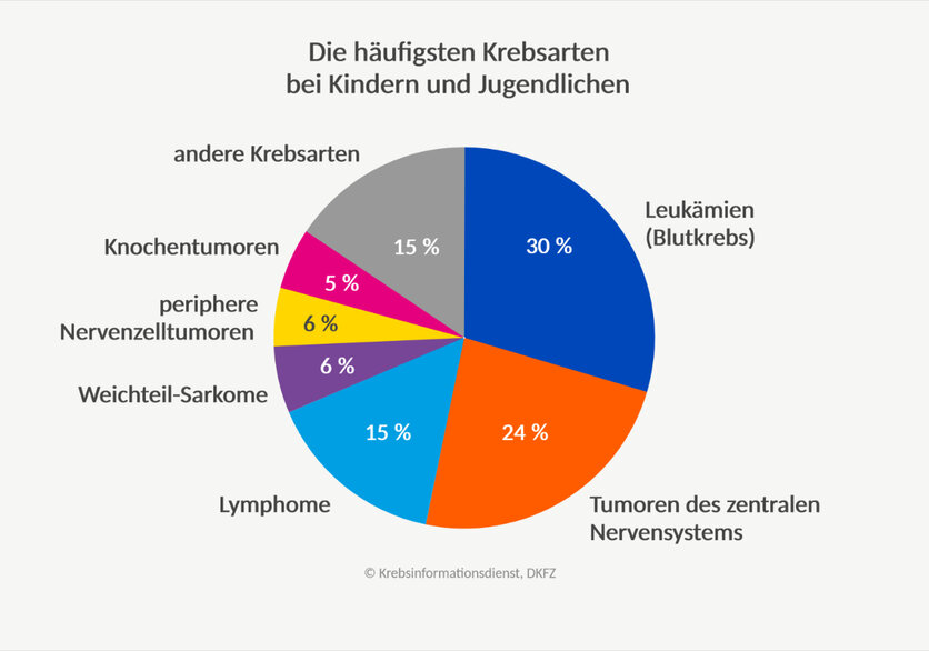 Ein Tortendiagramm zeigt die häufigsten Krebsarten bei Kindern: Leukämien (30 %), Tumoren des zentralen Nervensystems (24 %), Lymphome (15 %), Weichteilsarkome (6 %), periphere Nervenzelltumoren (6 %), Knochentumoren (5 %) und verschiedene andere Tumorarten (15 %).