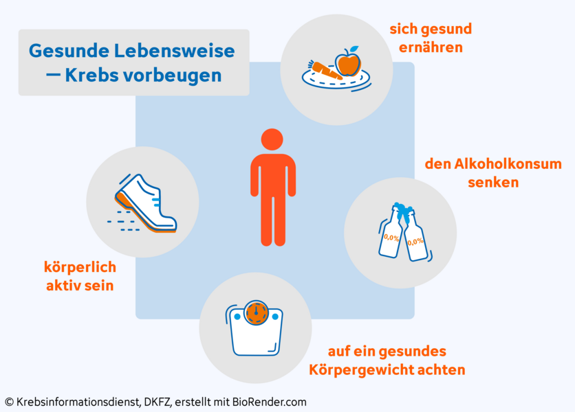Prostatakrebs vorbeugen, © Krebsinformationsdienst, DKFZ; erstellt mit Biorender.com Was Fachleute empfehlen, um Krebs – und damit auch Prostatakrebs – vorzubeugen: ausreichend Bewegung, eine gesunde Ernährung, wenig Alkohol trinken und ein gesundes Körpergewicht.