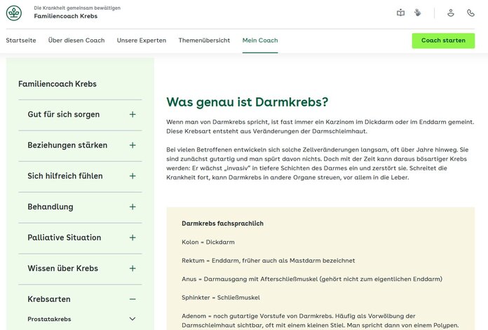Bildschirmfoto des Online-Selbsthilfeprogramms "AOK-Familiencoach" zum Umgang mit an Krebs erkrankten Angehörigen.