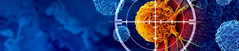 Symbolbild einer Krebszelle mit einem eingeblendeten Zielraster auf der Zelle.