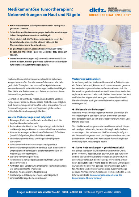 Informationsblatt "Medikamentöse Tumortherapien: Nebenwirkungen an Haut und Nägeln" Vorschau vom Informationsblatt "Medikamentöse Tumortherapien: Nebenwirkungen an Haut und Nägeln"