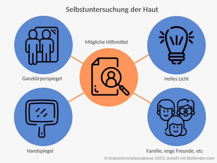 Grafik mit verschiedenen Icons zur visuellen Darstellung von Hilfsmitteln zur Untersuchung der Haut (Ganzkörperspiegel; hellem Licht; Handspiegel; Familie, enge Freunde, etc.