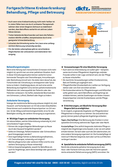 Informationsblatt "Fortgeschrittene Krebserkrankung: Behandlung, Pflege und Betreuung" Vorschau vom Informationsblatt "Fortgeschrittene Krebserkrankung: Behandlung, Pflege und Betreuung"