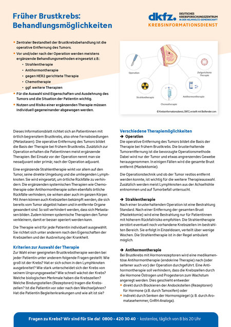 Informationsblatt "Früher Brustkrebs: Behandlungsmöglichkeiten" Vorschau vom Informationsblatt "Früher Brustkrebs: Behandlungsmöglichkeiten"