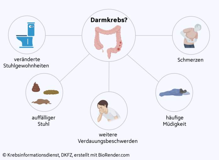 Darmkrebs Symptome, © Krebsinformationsdienst, DKFZ; erstellt mit BioRender.com Mind Map der möglichen Symptome von Darmkrebs