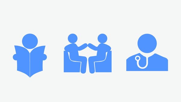 Mehrere Icons nebeneinander: Ein Männchen, das Zeitung liest. Daneben sitzen sich zwei Männchen gegenüber und sprechen miteinander. Das dritte Männchen trägt ein Stethoskop.
