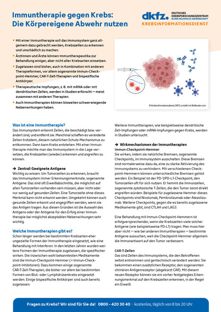 Informationsblatt "Immuntherapie gegen Krebs: Die körpereigene Abwehr nutzen" Vorschau vom Informationsblatt "Immuntherapie gegen Krebs: Die körpereigene Abwehr nutzen"