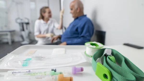 Im Vordergrund ein Tablett mit Blutentnahme-Röhrchen und Besteck zum Blutabhnehmen. Im Hintergrund eine Arzthelferin, die einem Mann Blut abnimmt. Im Vordergrund ein Tablett mit Blutentnahme-Röhrchen und Besteck zum Blutabhnehmen. Im Hintergrund eine Arzthelferin, die einem Mann Blut abnimmt.