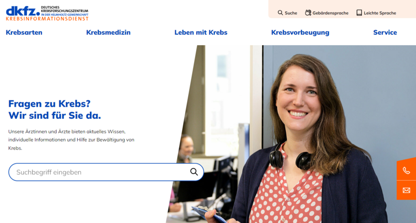 Auf dem Screenshot sieht man die Startseite von www.krebsinformationsdienst.de mit der Hauptnavigation und der Suche.