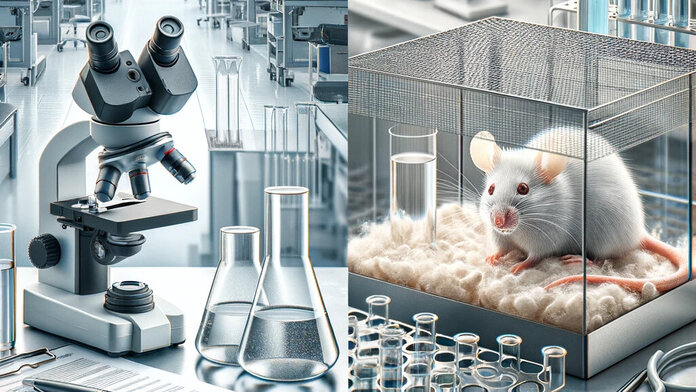 Zweigeteiltes Labor-Bild: links Mikroskop, rechts Maus in einem Käfig