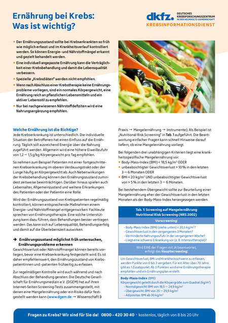 Informationsblatt "Ernährung bei Krebs: Was ist wichtig?" Informationsblatt "Ernährung bei Krebs: Was ist wichtig?"