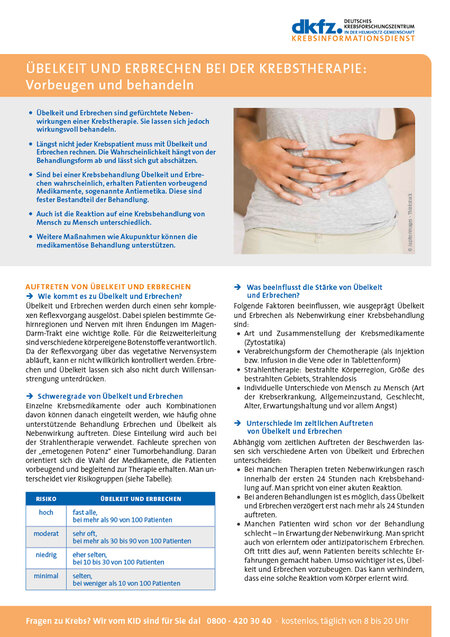 Informationsblatt "Übelkeit und Erbrechen bei der Krebsbehandlung: Vorbeugen und behandeln"