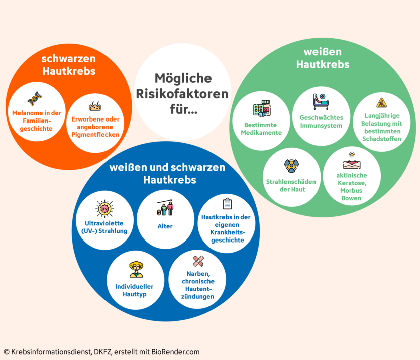 Risikofaktoren Hautkrebs, Icons: © Freepik; Grafik: © Krebsinformationsdienst, DKFZ; erstellt mit BioRender.com UV-Strahlung ist bei weitem der wichtigste Risikofaktor für Hautkrebs– doch auch andere Faktoren haben einen Einfluss auf das Hautkrebsrisiko einer Person.