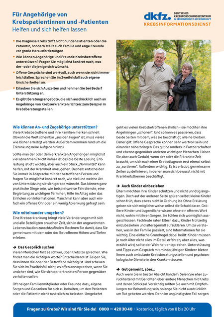 Informationsblatt "Für Angehörige von Krebspatientinnen und -patienten: Helfen und sich helfen lassen" Informationsblatt "Für Angehörige von Krebspatientinnen und -patienten: Helfen und sich helfen lassen"