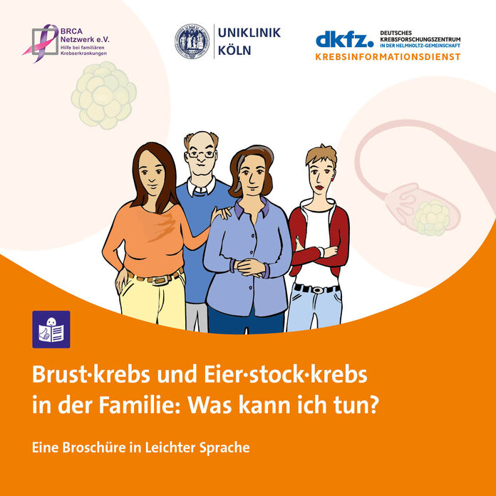Broschüre "Brust·krebs und Eier·stock·krebs in der Familie: Was kann ich tun? Eine Broschüre in Leichter Sprache Titelseite der Broschüre "Brustkrebs und Eierstockkrebs in der Familie: Was kann ich tun? Eine Broschüre in Leichter Sprache"