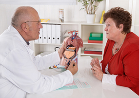 Arzt und ältere Patientin sitzen sich gegenüber, während der Arzt ein Modell des menschlichen Körpers erklärt.